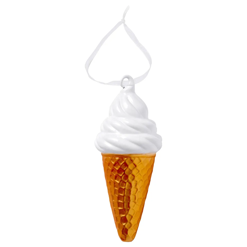 Ice cream ornament: yellow cone, white swirl, glass, polyester hanger.