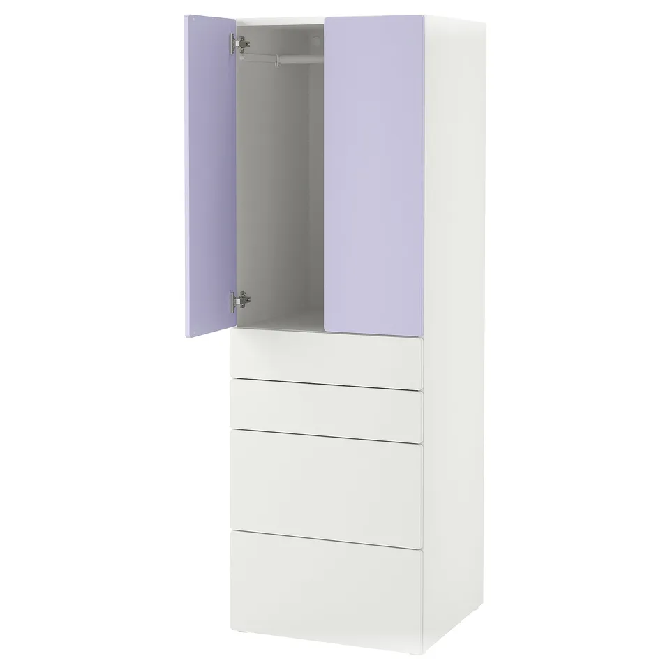 SMÅSTAD white wardrobe with purple doors, three drawers, adjustable feet.