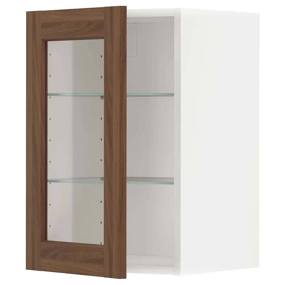 METOD walnut brown cabinet with glass shelves.