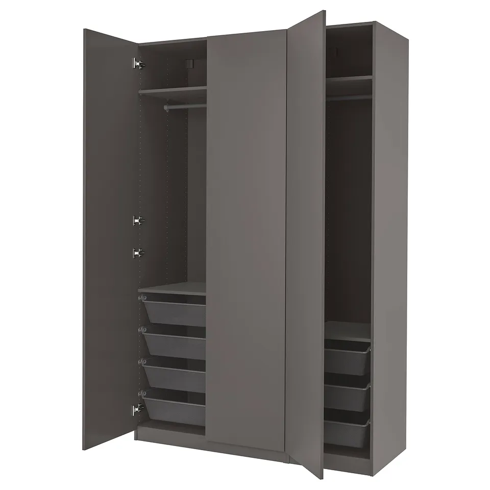 Dark grey PAX wardrobe with open doors, hangers, shelves, mesh drawers.