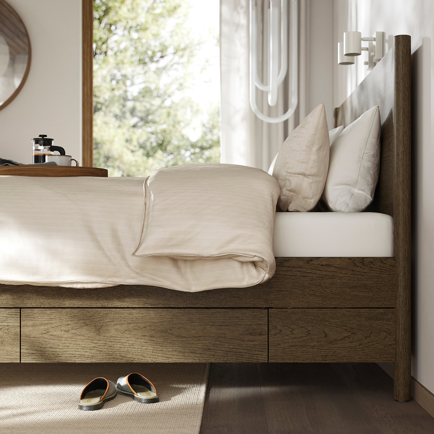 Bedroom scene with TONSTAD bed, featuring soft-close drawers, light linen, pillows, slippers, and large window.
