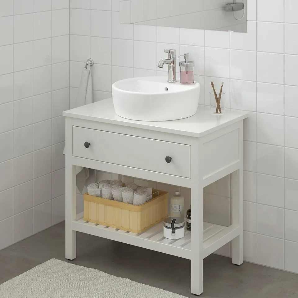 HEMNES bathroom vanity - white, round sink, one drawer, open shelf.