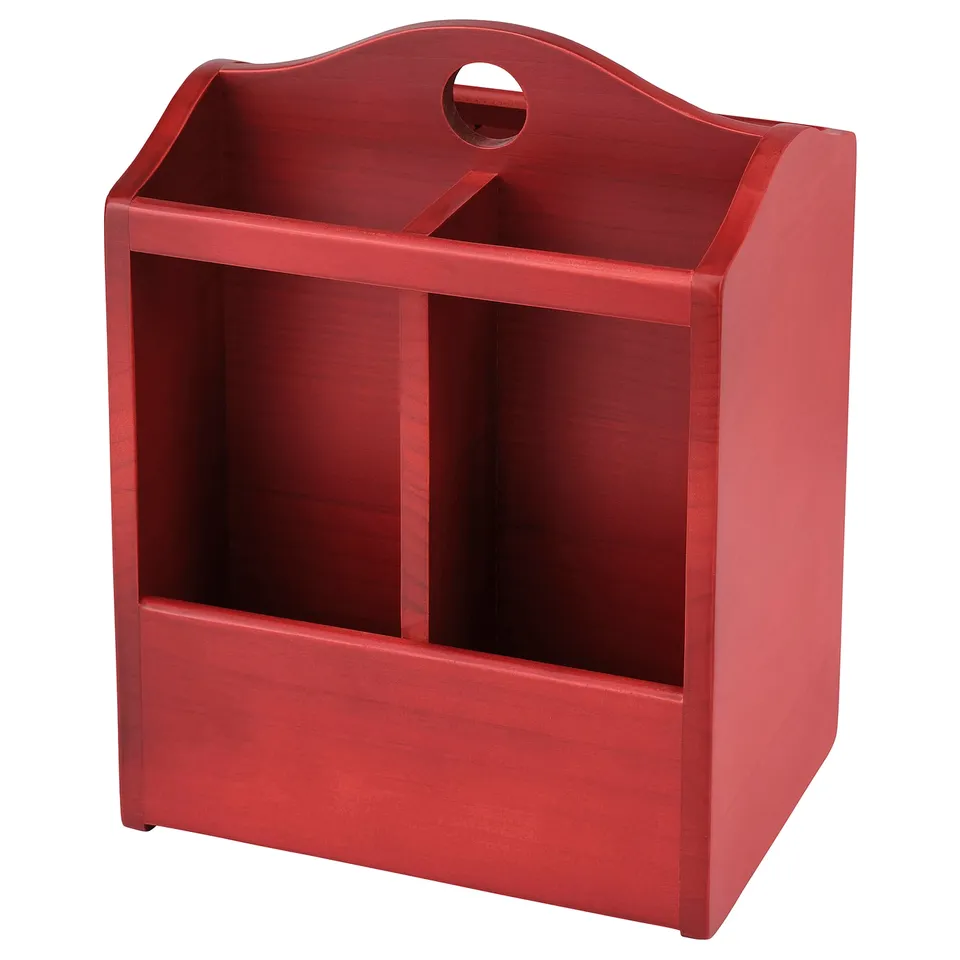 A red HAVSMAL wooden knife block with compartments for knives and utensils.