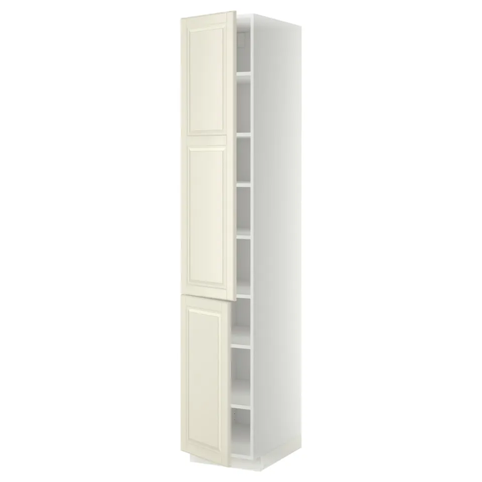 A white ikea METOD kitchen cabinet with off-white bodbyn doors, featuring a traditional design with adjustable shelves.