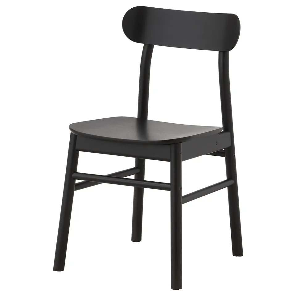 This image a black RÖNNINGE chair with a wooden seat and back, designed with a mid-century style.