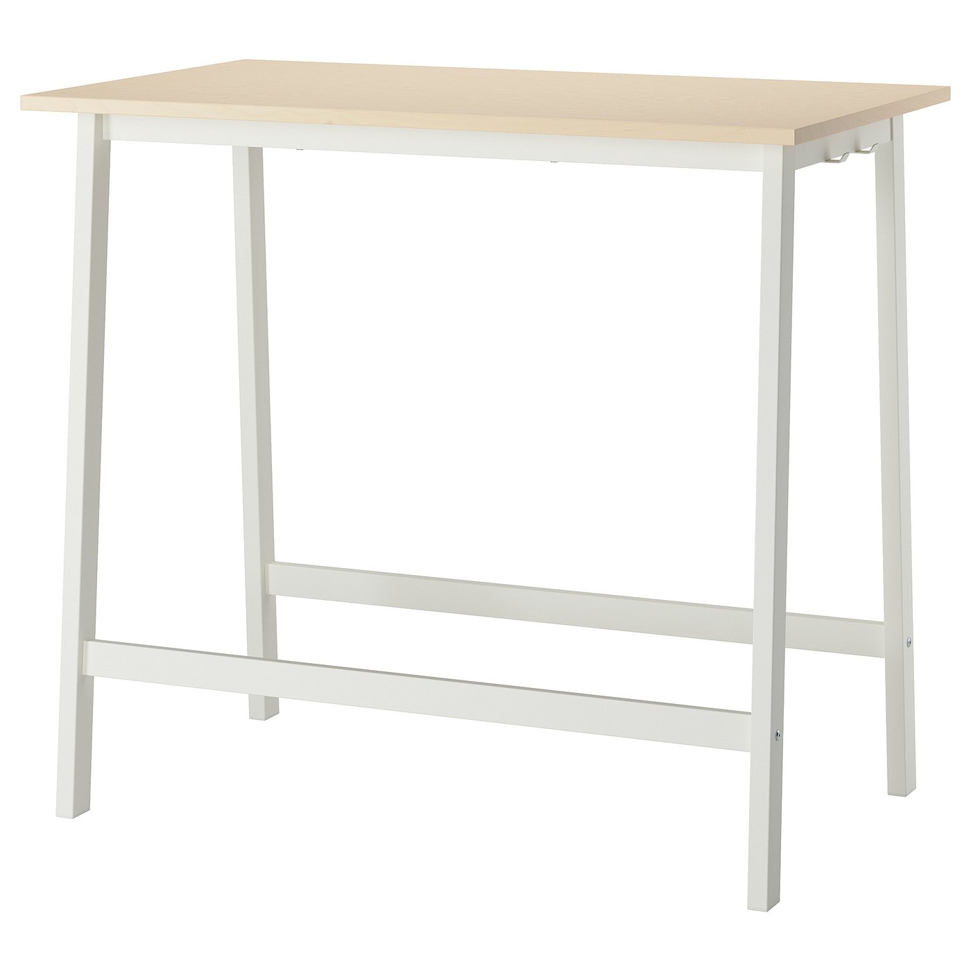 A white MITTZON desk. Its rectangular, made of particleboard and birch veneer, with a stain-resistant surface.