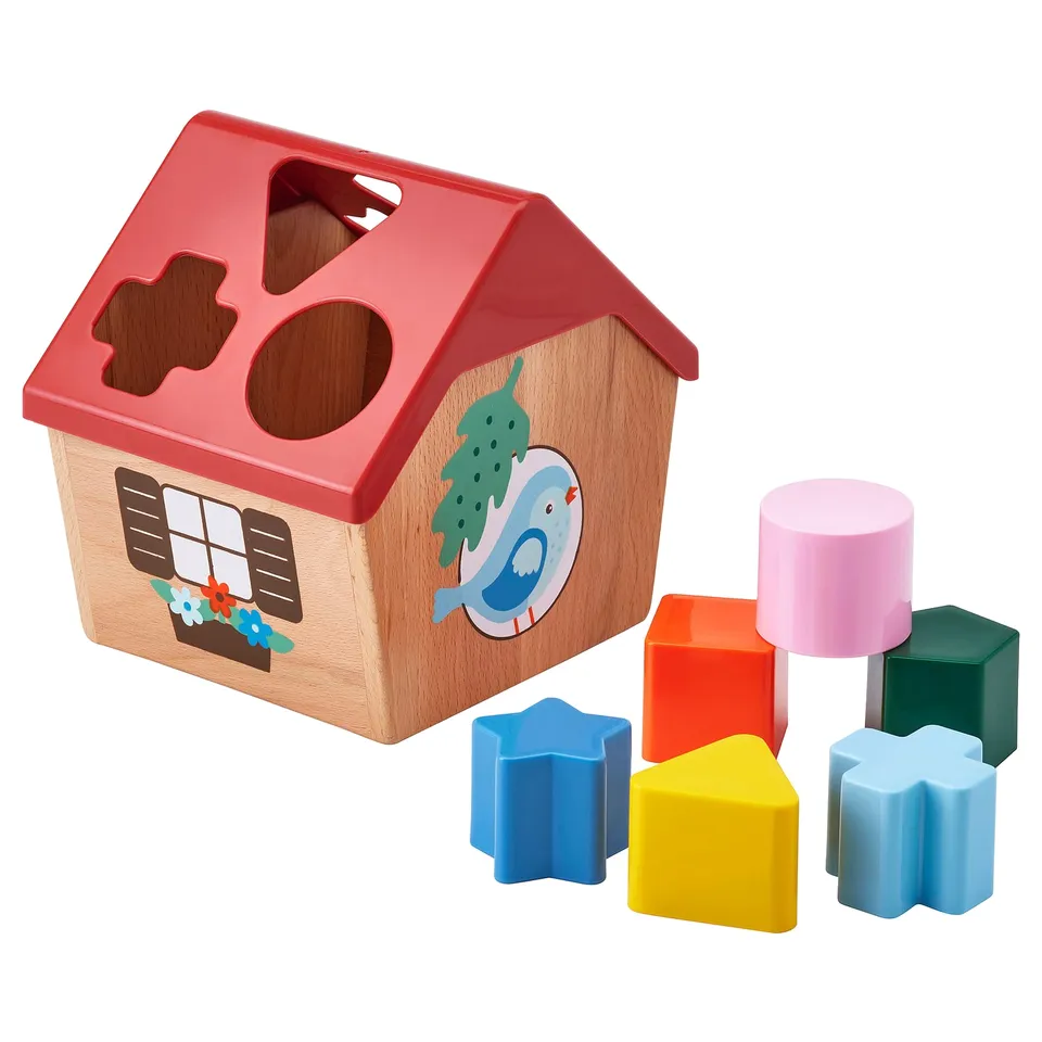 Colourful UPPSTÅ house shape sorter with blocks.