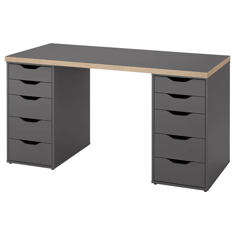 The LAGKAPTEN desk, a grey modern desk with a drawer on both sides, and a flat top.