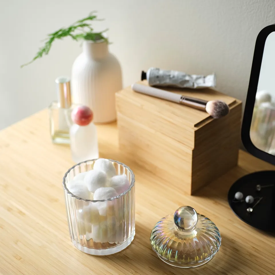 RÄFFELBJÖRK Scented candle/glass w lid/2 wicks, Rose & carnation mother-of-pearl colour, 50 hr