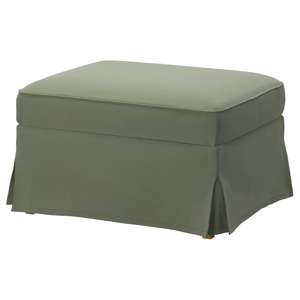 EKTORP footstool in sage green, plush fabric with skirting, square, comfortable.