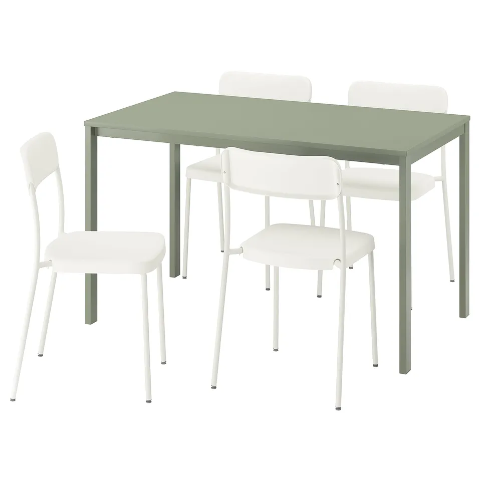 A VIHALS dining set. It includes a light green rectangular table and four white chairs, designed for a modern and minimalist look.