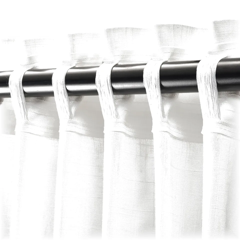 Sheer white curtains with a rod pocket for hanging, designed to philtre light and provide privacy.