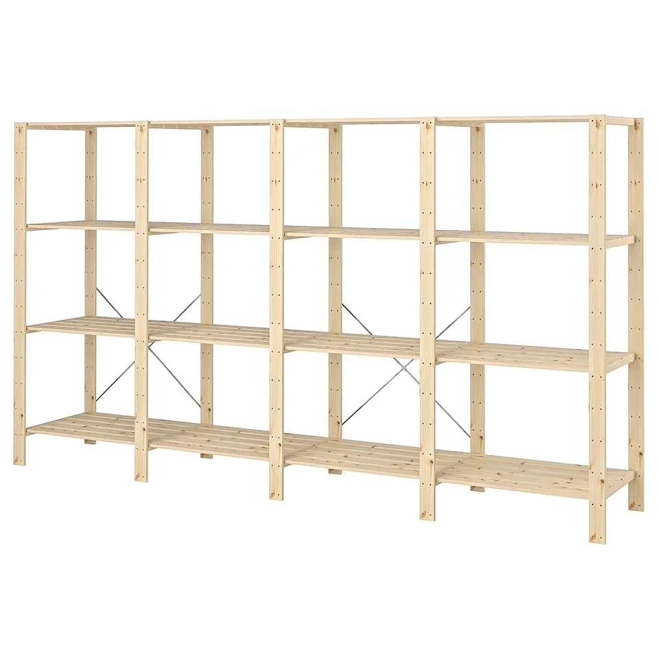 HEJNE, a light-colored wooden shelving unit designed for heavy storage with sturdy, expandable solid wood construction.