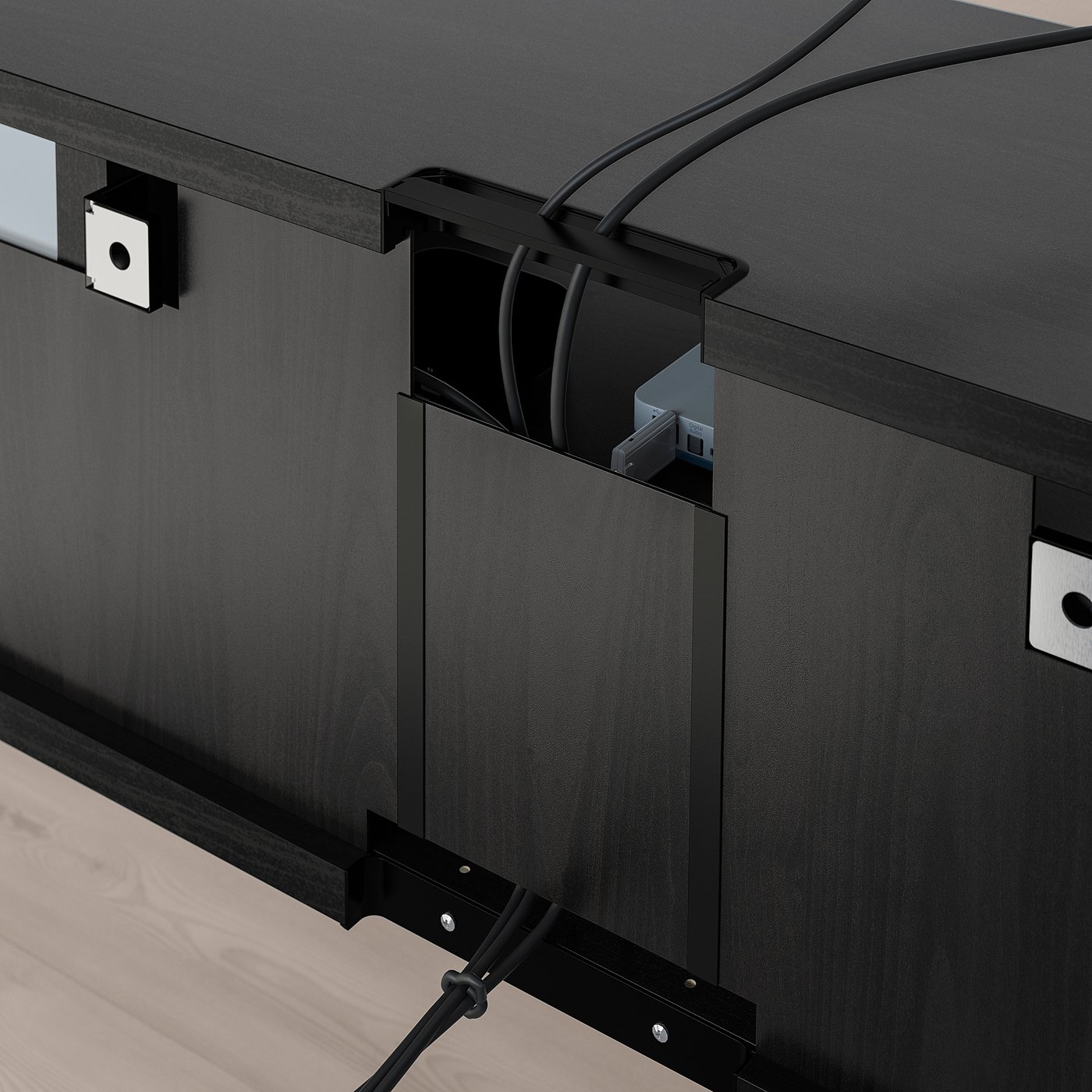 Black tv bench with adjustable shelves and cable management holes, featuring hidden cable compartments.