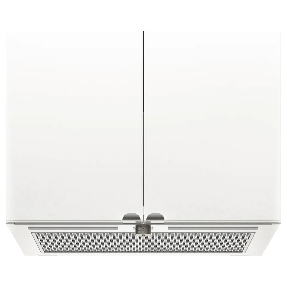 The UNDERVERK, a hidden kitchen range hood, fitted in a white cabinet, with built-in led lights and stainless steel philtre.