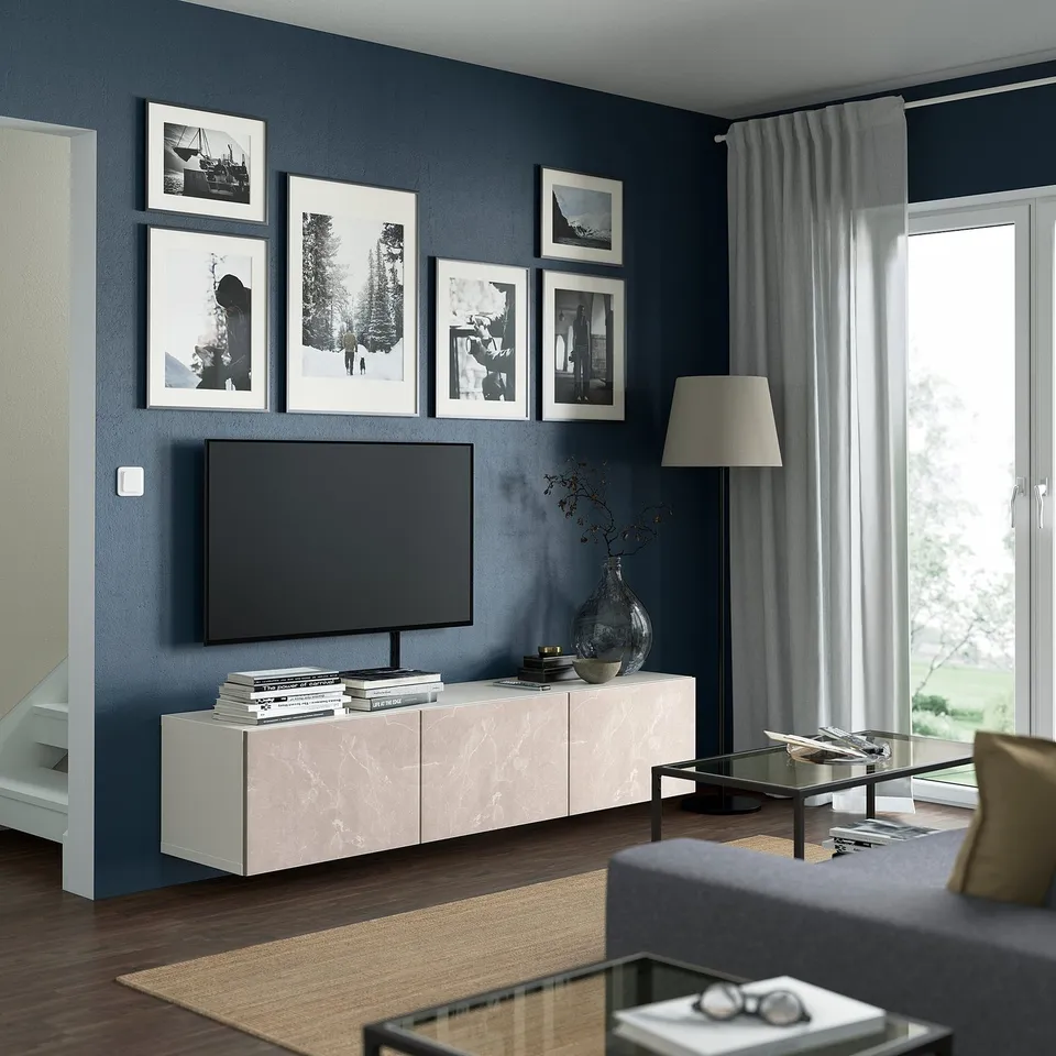 Modern living room with BESTÅ tv bench, flat screen, decor & lamp