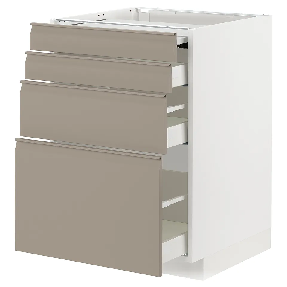 A white METOD kitchen cabinet with four grey-beige drawers featuring modern minimalistic design.