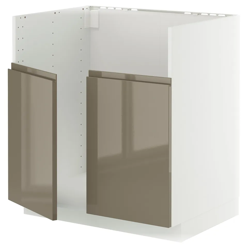 METOD kitchen unit: sleek, high-gloss dark grey-brown cabinet with integrated handles, stainless steel trims, modern minimalist design.