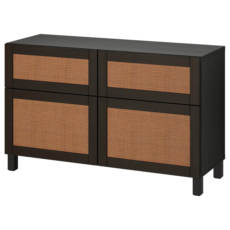 BESTÅ storage combination, black-brown with woven fronts. Modern design for storing and displaying items.