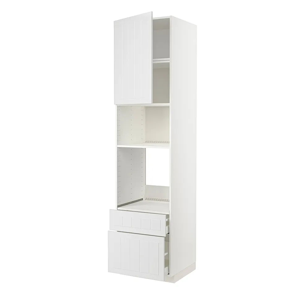 A white METOD kitchen cabinet with open doors and shelves. It a tall, rectangular shape with adjustable shelves and a light, crafted design.