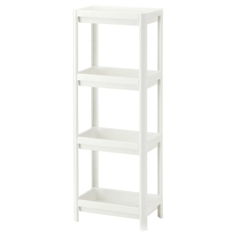 White VESKEN 4-tier shelf; slim, tall, rectangle; polypropylene plastic; minimalist design.