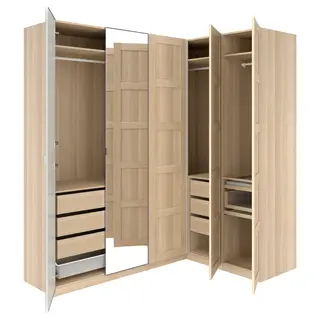 PAX / BERGSBO/ÅHEIM corner wardrobe, white stained oak effect/oak veneer mirror glass, Height 236.4 cm