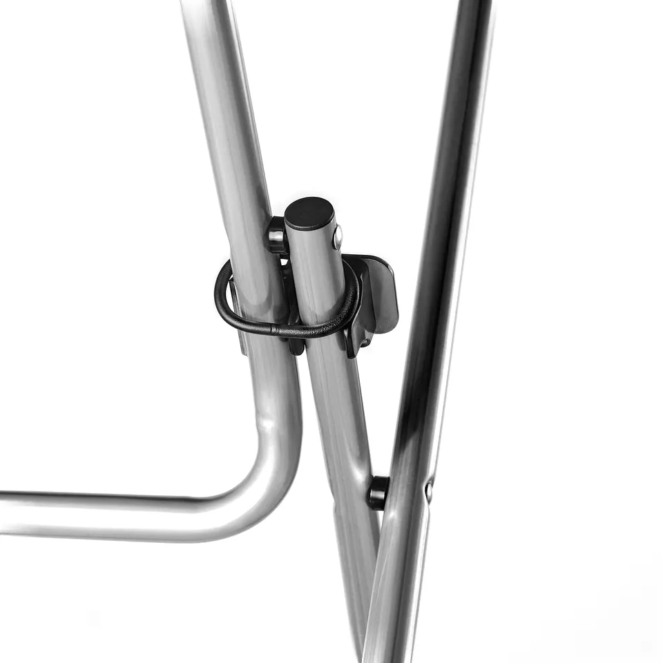 Metal table hinge close-up; robust design, sleek finish, folded position.