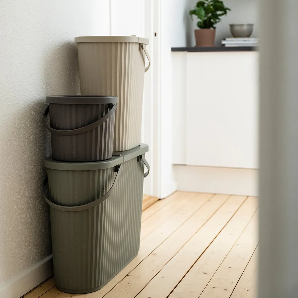 Three stackable DAMMÄNG bins in grey with handles and lids, neatly placed in a corner of a minimalist room.