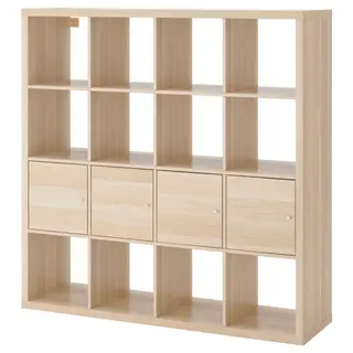 KALLAX shelving unit with 4 inserts, white stained oak effect, 147x147 cm