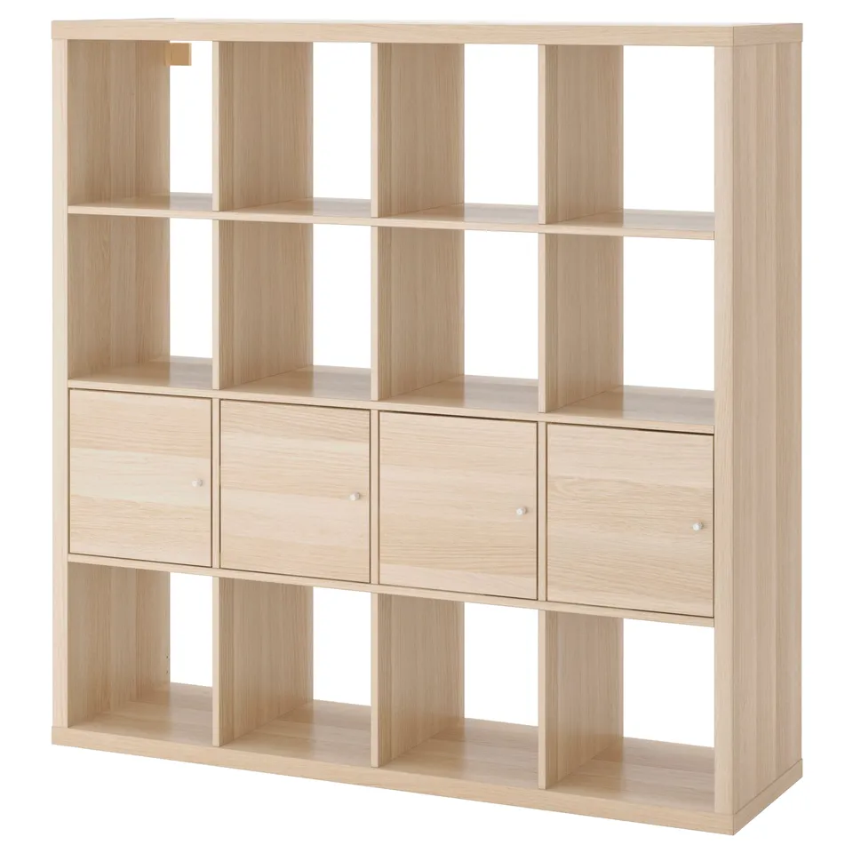 KALLAX wooden shelf unit with cubes, some open, some with doors.