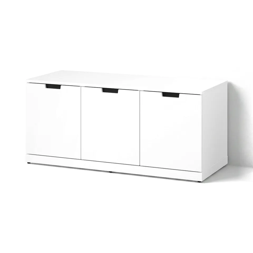 White NORDLI 3-drawer chest, modern minimalist design, rectangular shape, three flat panel drawers with black handles.