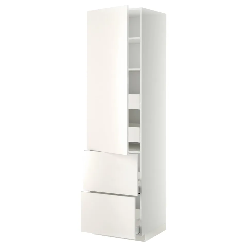 White vertical kitchen cabinet with drawers, modern design, and sleek finish.