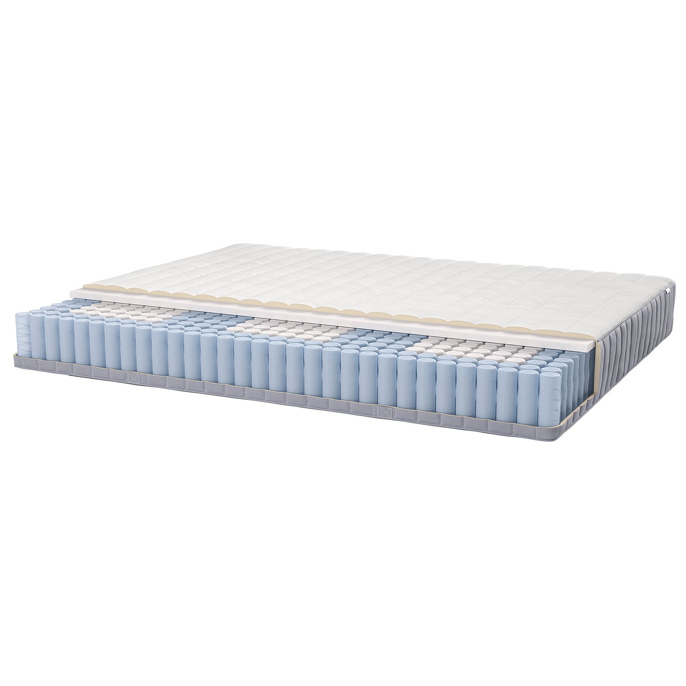 A cross-sectional view of a mattress. Top layer with white quilted fabric, followed by foam and springs. Grey base with blue and white springs.