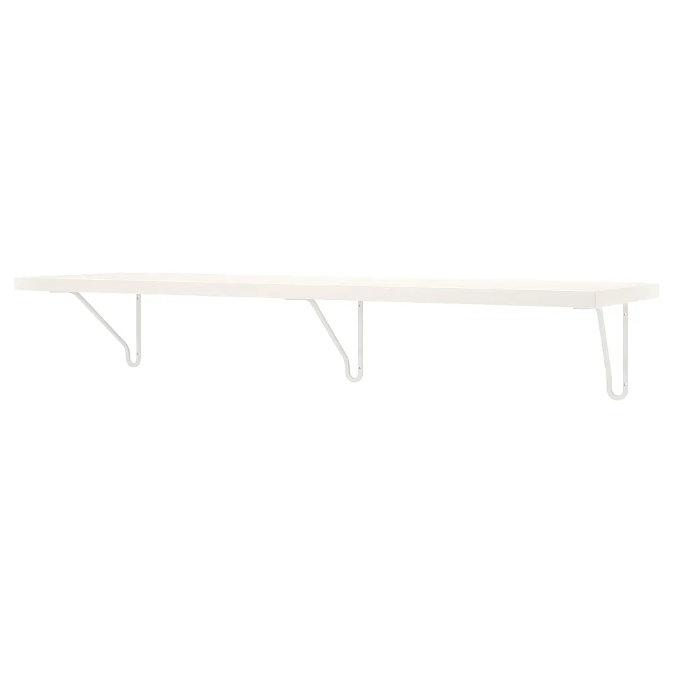 A white BERGSHULT wall shelf with two metal brackets. Its rectangular, minimalist, and ideal for storage.