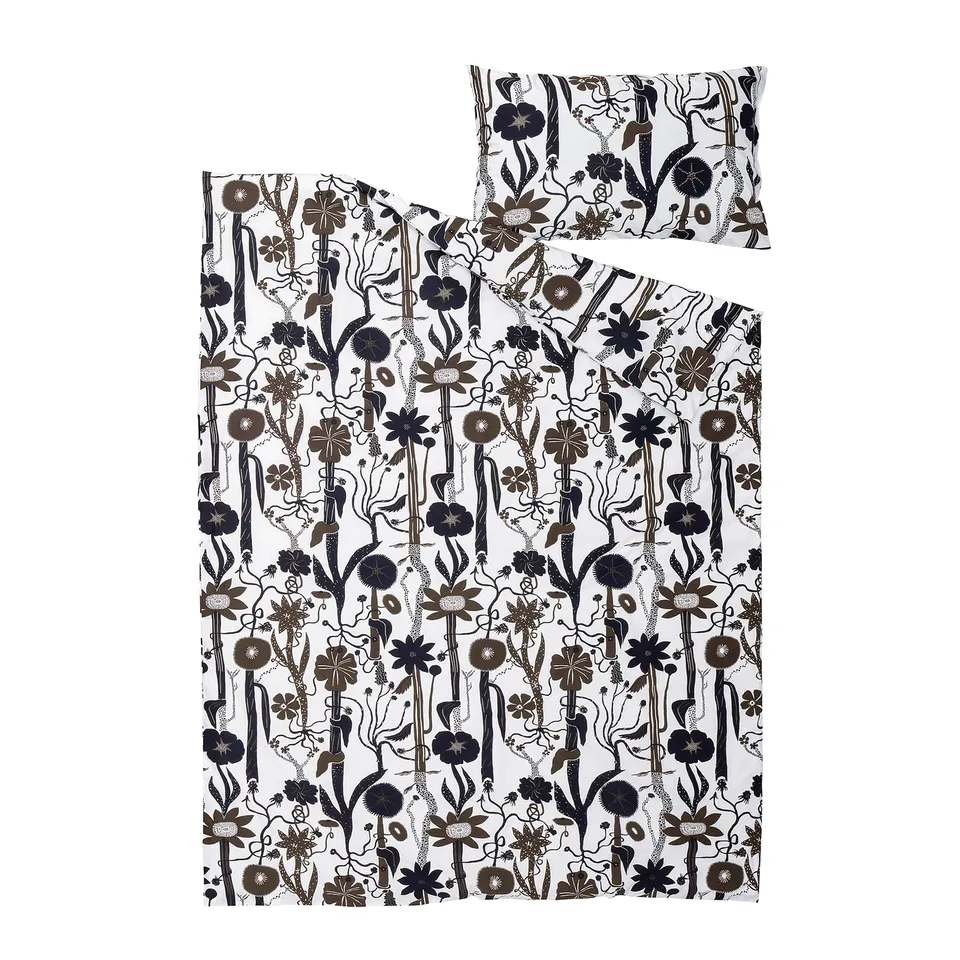 LUNDSKAFTING duvet set, white with dark floral design, cotton-lyocell blend.