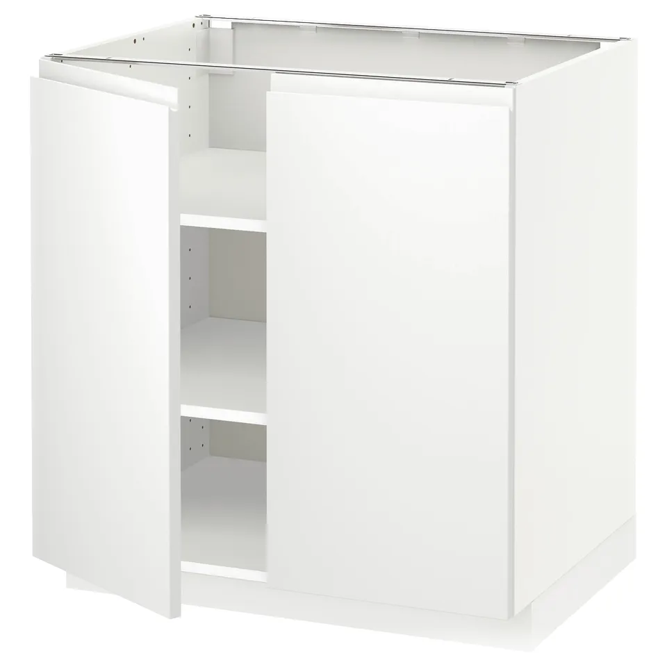 A white METOD kitchen cabinet. Its a modern, boxy design with a single open shelving unit. The cabinet is made of particle board and has smooth edges.