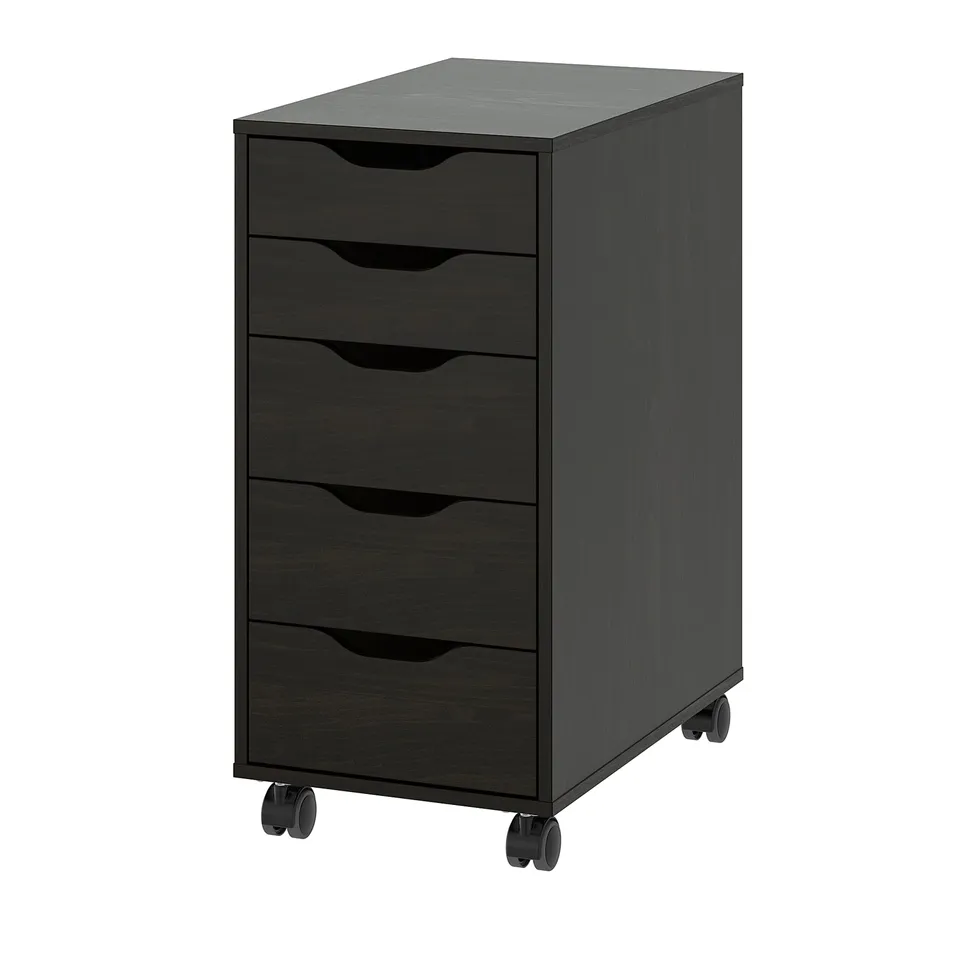 A black ALEX drawer unit with five drawers on wheels. Modern, mobile storage for an organised workspace.