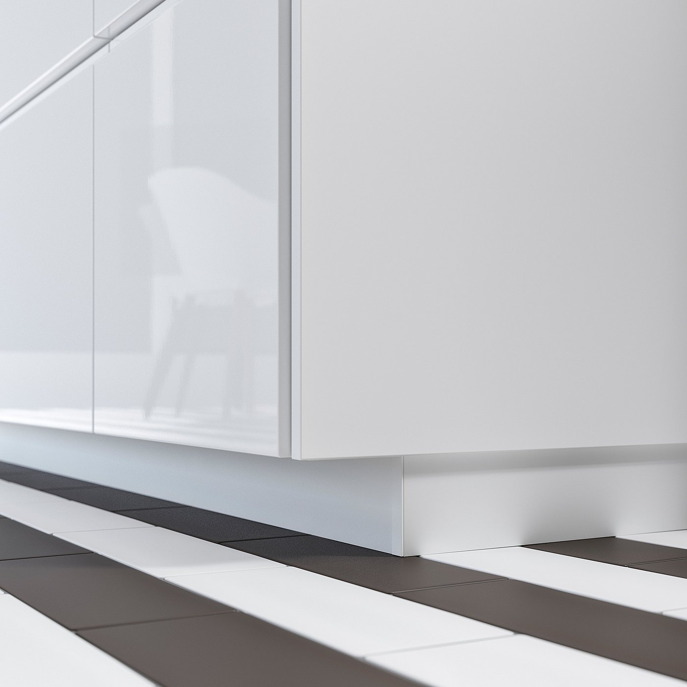 White glossy kitchen cabinet with sleek, rectangular design.