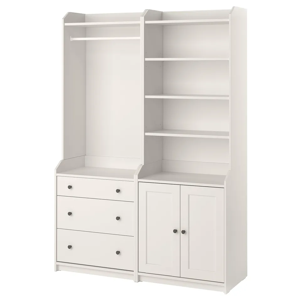White HAUGA storage set: dresser, cabinet, shelves.