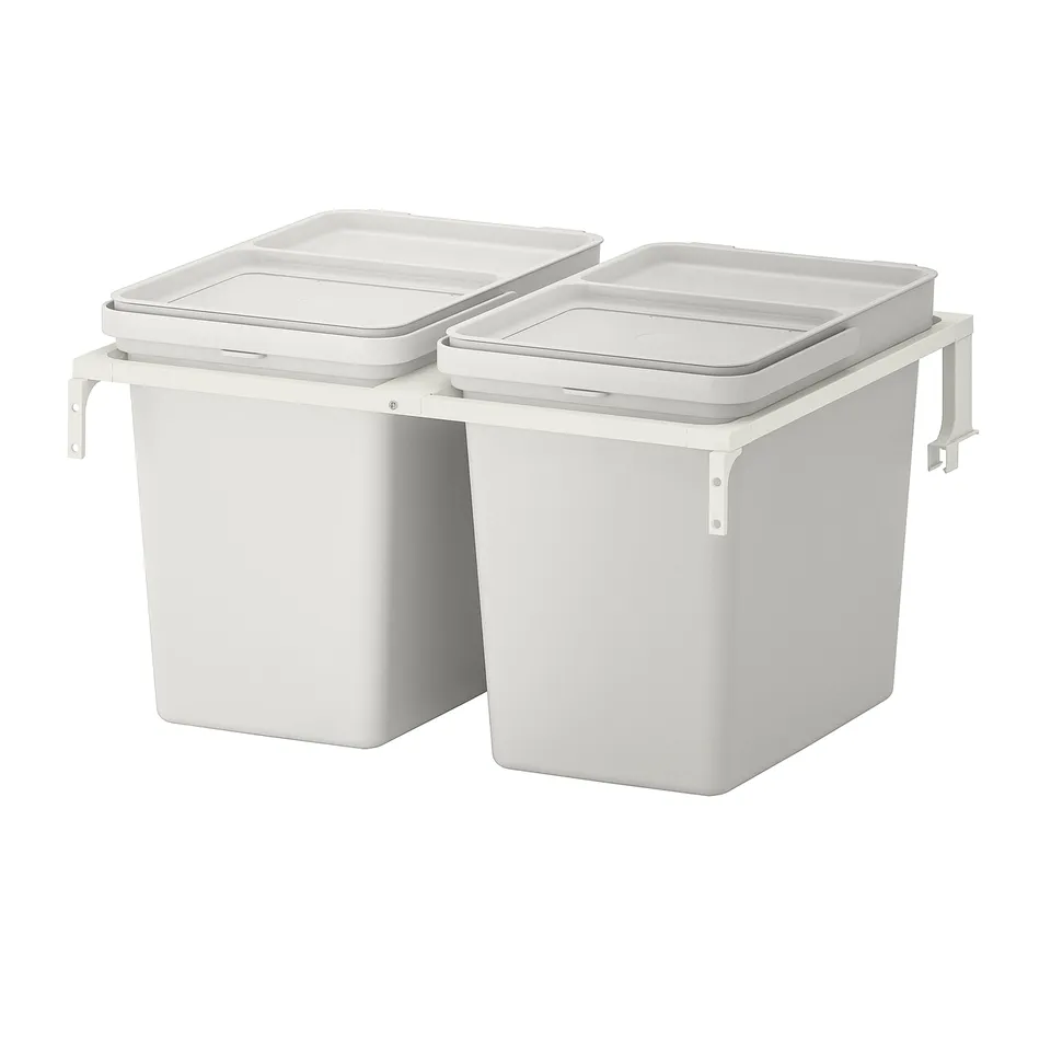 Ikea HÅLLBAR white waste sorting bins with lids.