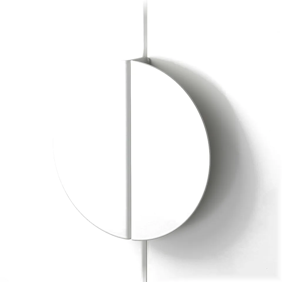 Circular modern handle; sleek, smooth steel finish; attached vertically to wall, high-quality design.