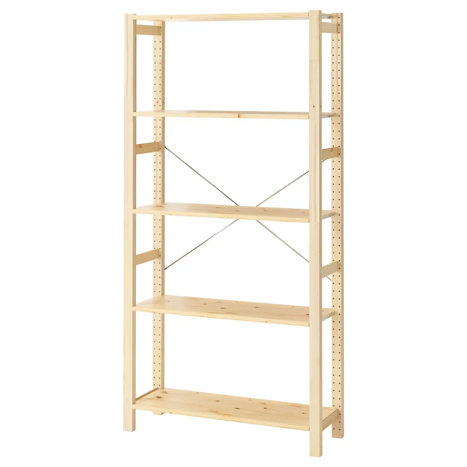 An IVAR wooden storage shelf. Its light-colored, rectangular, and has four adjustable shelves supported by vertical metal brackets.