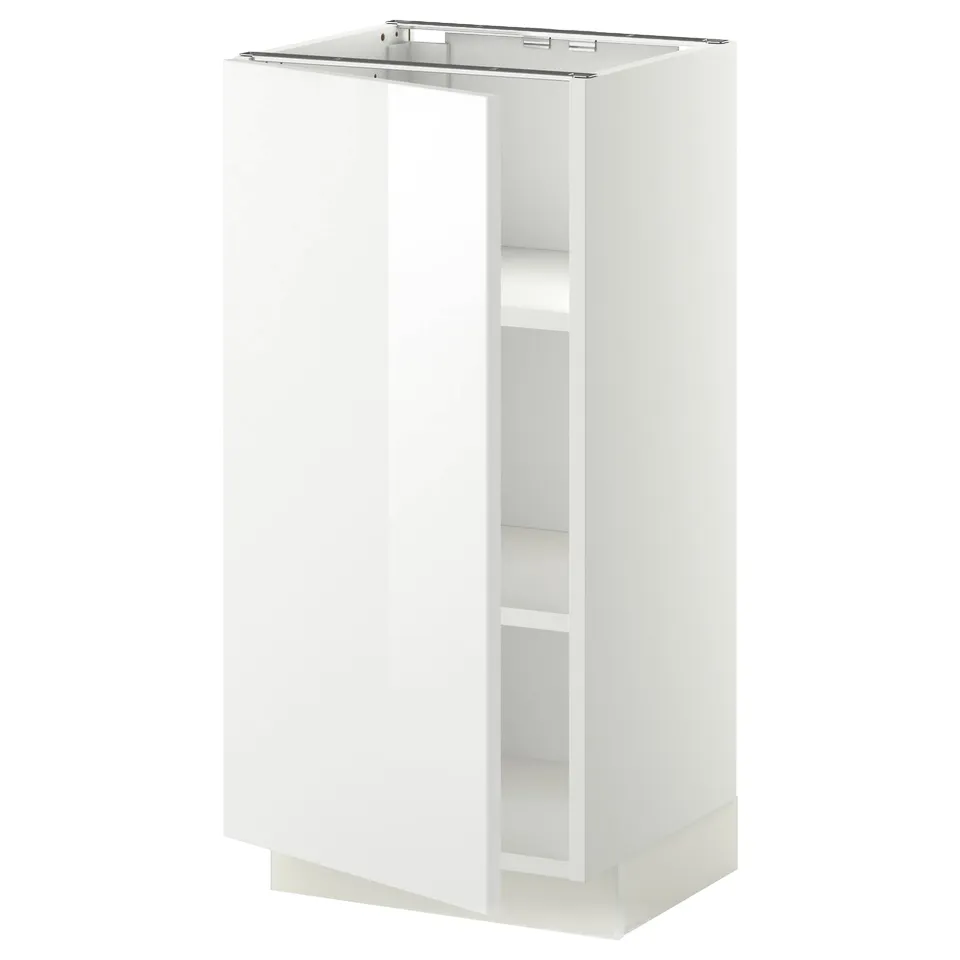 White high-gloss kitchen cabinet with open shelf, square shape, modern design.
