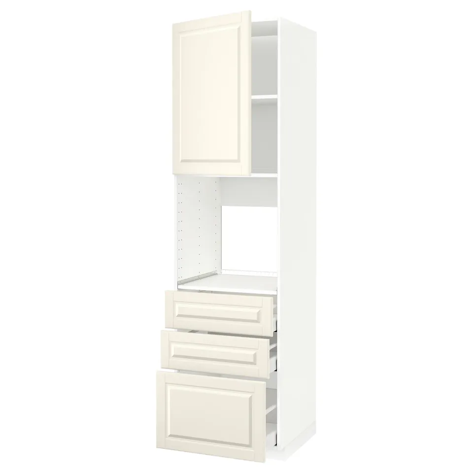 White METOD kitchen unit with off-white bevelled drawers and cabinet.