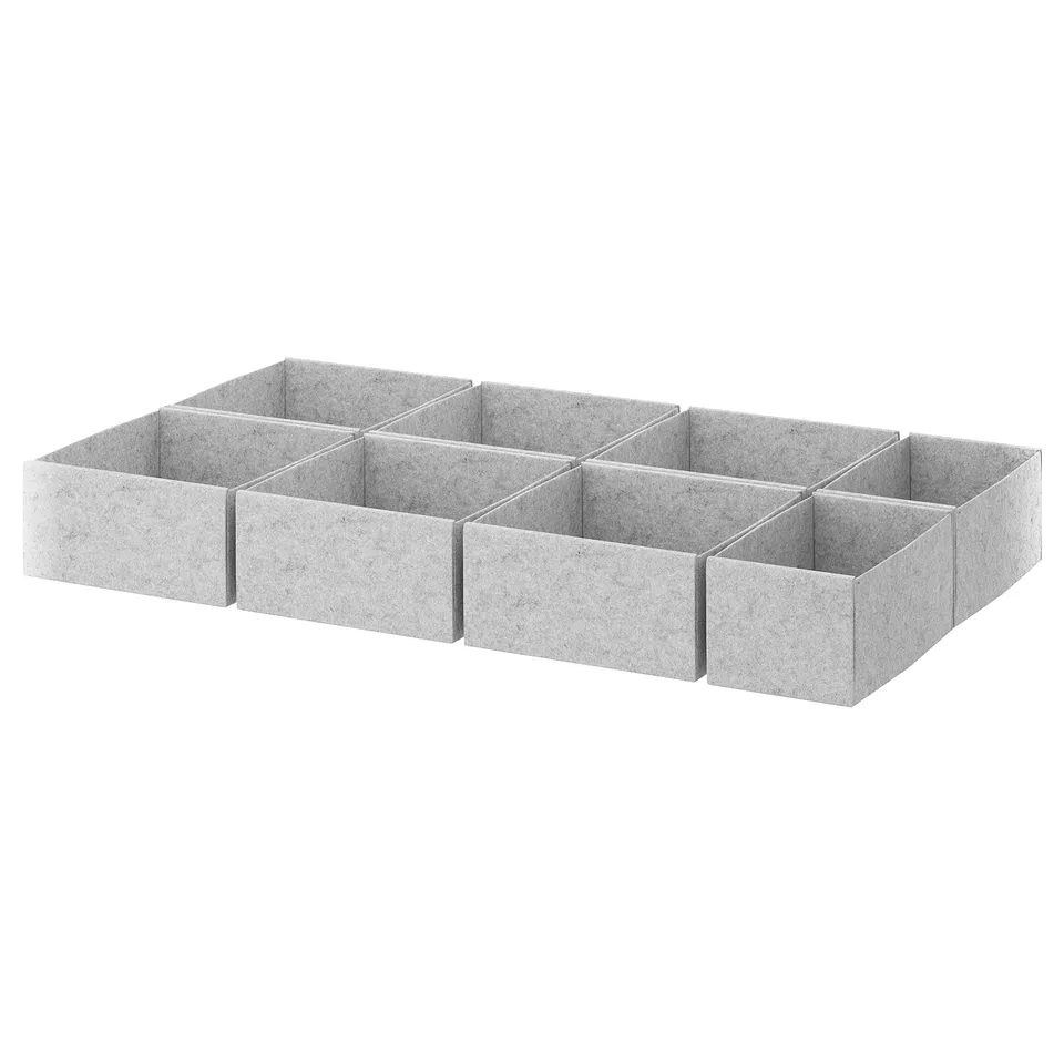 Grey KOMPLEMENT drawer organiser with multiple compartments. Made from recycled pet polyester.