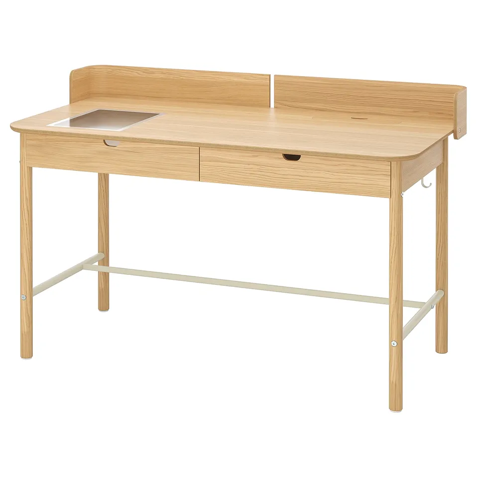 RIDSPÖ desk: light wood, slim design with shield, drawers, and cable management.