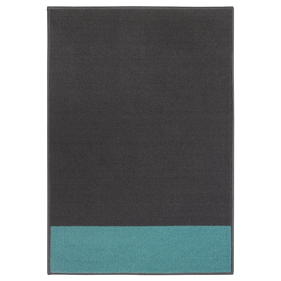HALSTED two-tone door mat, black and turquoise. Rectangular, garlic surface, synthetic rubber backing.