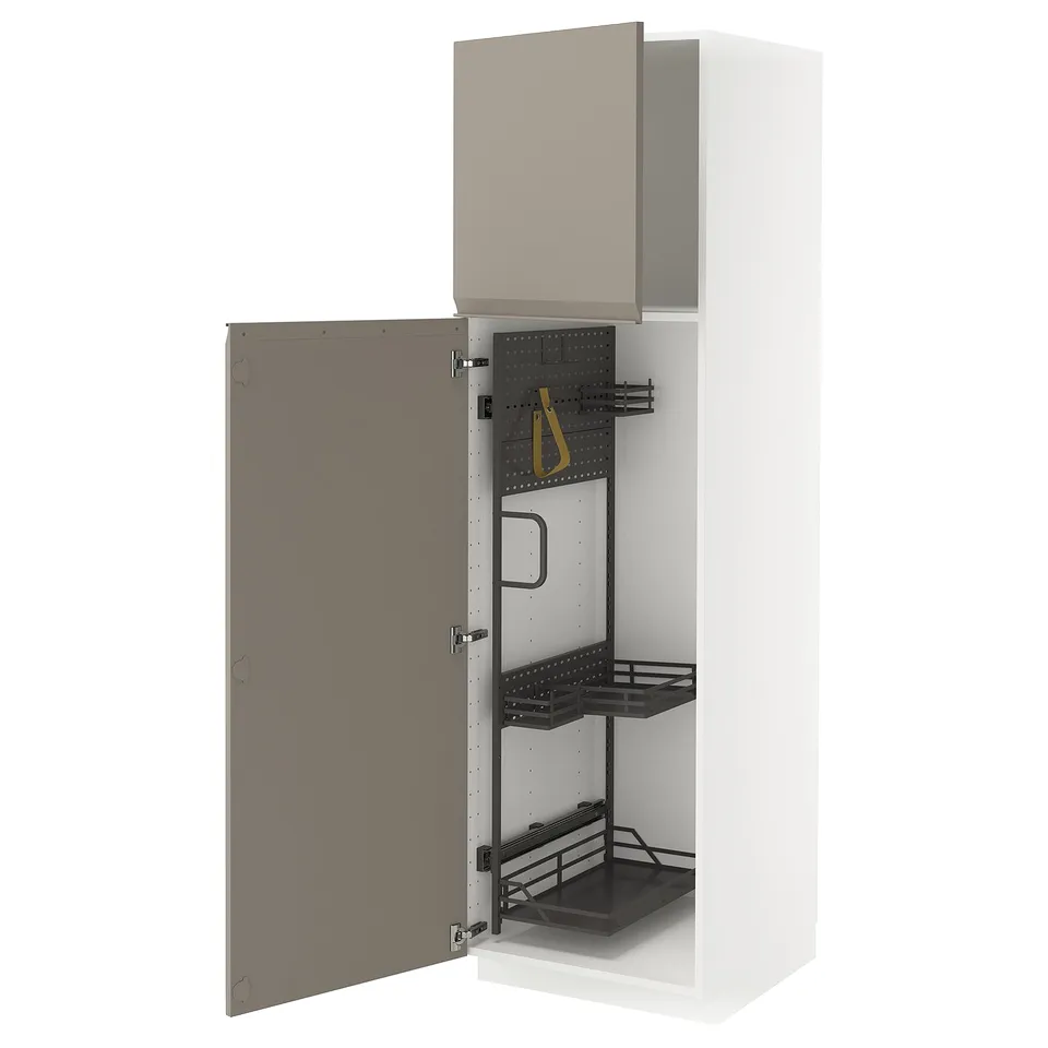 METOD kitchen cabinet in grey with pull-out organisers and open door.