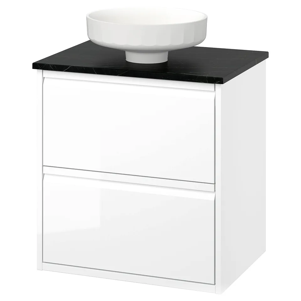 ÄNGSJÖN bathroom vanity: white gloss cabinet, marble counter, round basin.