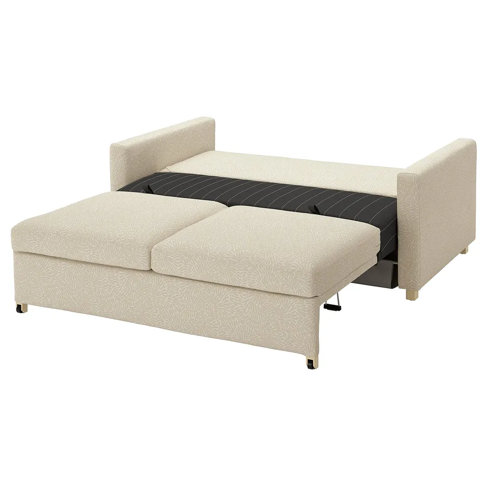 A beige SALTSJÖBADEN convertible sofa with a light pattern, featuring a rectangular shape with upholstered back and armrests.